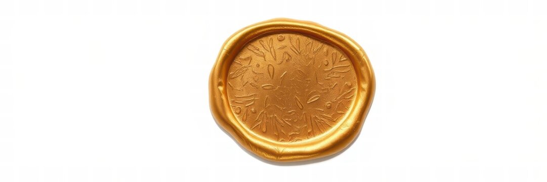 Golden wax seal with botanical pattern isolated on white