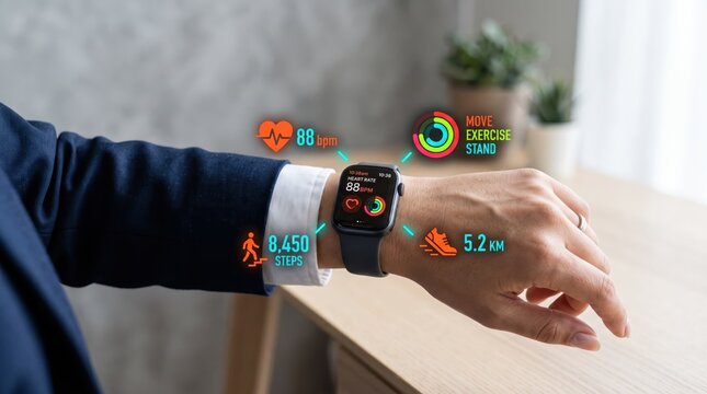of man wearing smartwatch displaying health fitness data, heart rate monitoring, step counter, and activity rings, wearable technology for healthy lifestyle and digital wellness