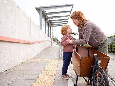 Mother talks to toddler beside a cargo bike at a tram stop