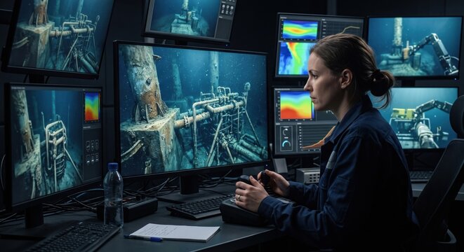 Female ROV operator using joysticks and multiple control room displays to remotely inspect subsea pipeline infrastructure and underwater machinery.