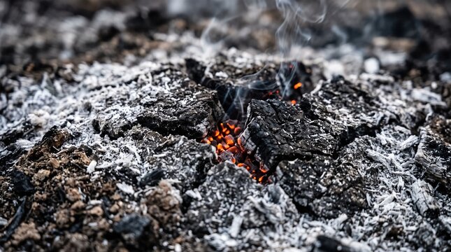 Close-up of Smoldering Coals and White Ash, Remnants of a Fire, with Faint Wisps of Smoke