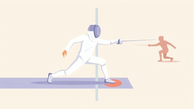 A fencer in a white uniform lunges forward with a sword during a competitive match