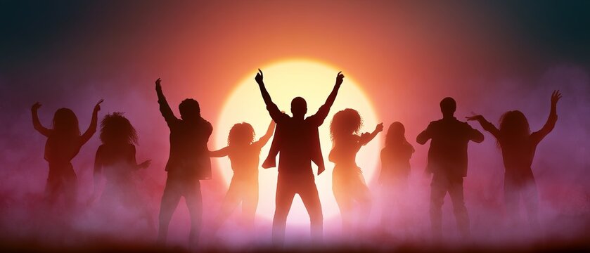 Silhouetted group dancing at sunset with colorful lights