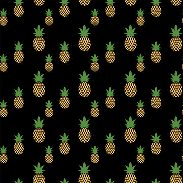 Minimalist pineapple pattern with yellow fruit on black background. Seamless pattern