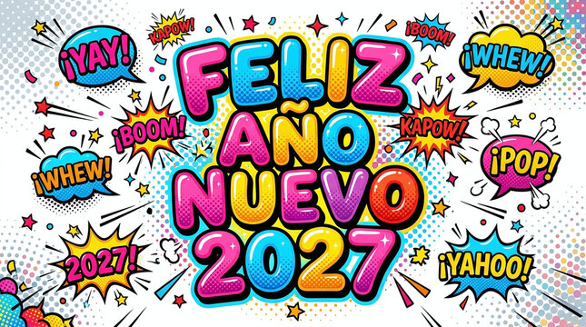 Feliz ano nuevo 2027 colorful comic book style graphic illustration with pop art