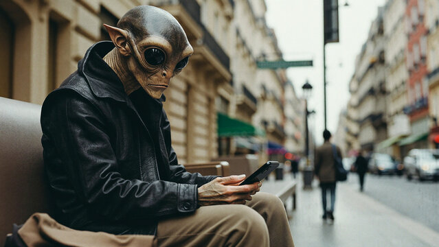 Martian wearing leather jacket sitting outdoor street cafe