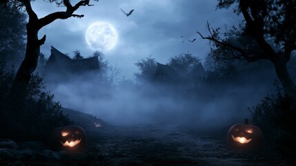 Fototapeta premium Halloween night with jack-o-lanterns under full moon