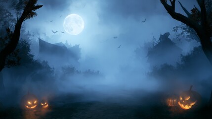 Obraz premium Spooky Halloween Night with Fog and Full Moon