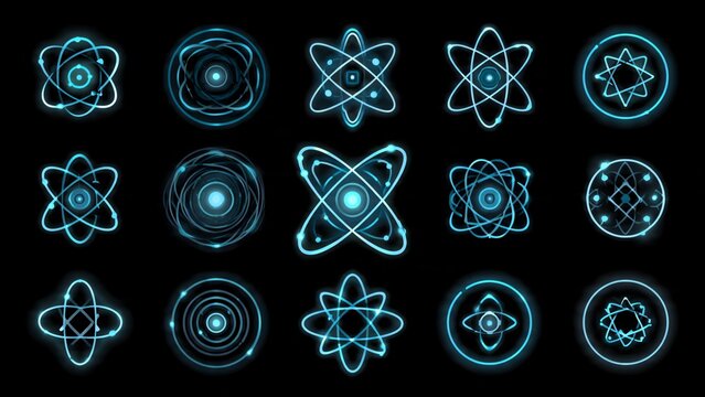 Blue neon atomic icon set for quantum physics - Generative AI