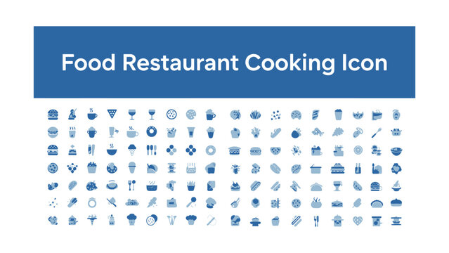Collection of various food and restaurant icons including burgers drinks desserts cutlery and kitchen utensils for culinary and dining themes