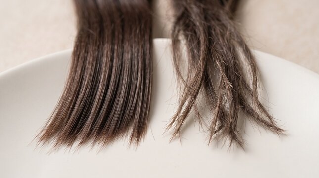 Macro comparison of healthy shiny smooth hair and dry damaged split ends hair strands