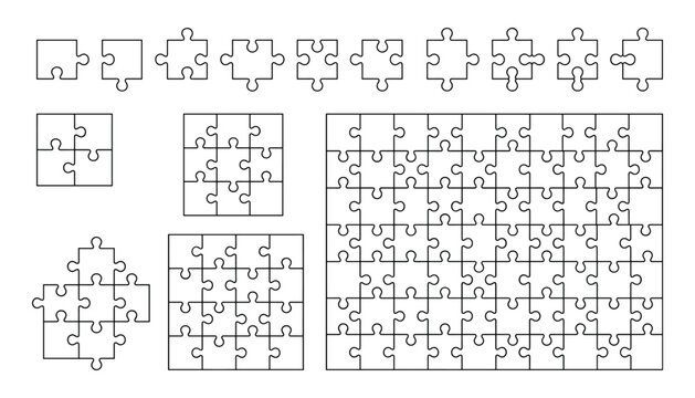 Blank jigsaw puzzle vector templates collection featuring different grid sizes and individual pieces outline layout isolated on white background for custom designs