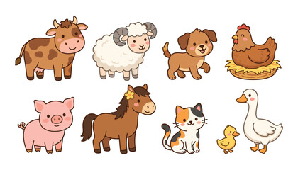 Fototapeta premium Cute Cute Kawaii Farm Animals Vector Illustration Set with Happy Cartoon Cow Sheep Dog Hen Pig Horse Cat Duck and Little Duckling