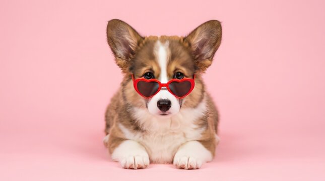 A cute pembroke welsh corgi puppy wearing stylish heart shaped red sunglasses posing against a solid soft pink background studio