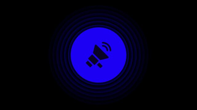Blue glowing megaphone icon with sound waves in dark circle background