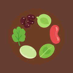 Fototapeta premium Flat vector illustration of various organic legumes and vegetable leaves on a dark brown background, featuring kidney beans, green beans, and fresh leafy greens for healthy food concept