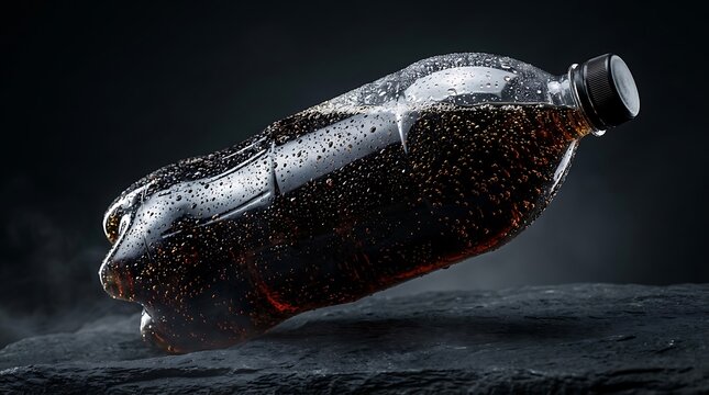Cold plastic soda bottle with refreshing water droplets isolated against a dark black background scene. 2 liter soda