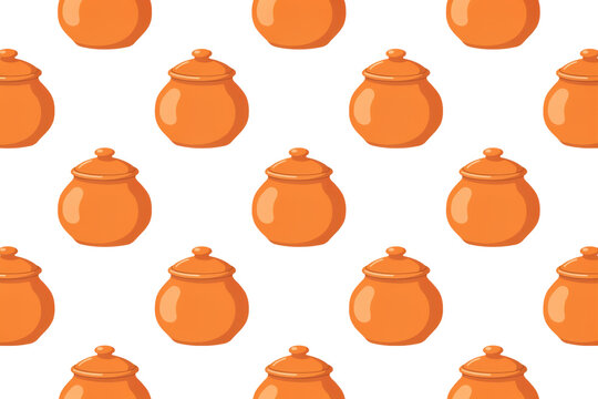Seamless pattern of orange clay pots with lids on a white background, isolated on a, transparent background
