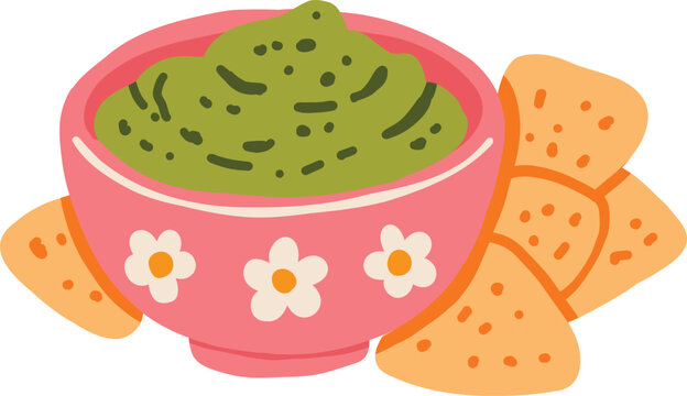 Guacamole dip in bowl served with crispy tortilla chips vector illustration isolated on white background.