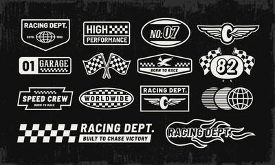 Fototapeta na wymiar Vintage motorsport vector badge collection with racing department emblems, checkered flags, speed graphics, racing numbers, wings and retro typography for apparel, branding, stickers and prints.