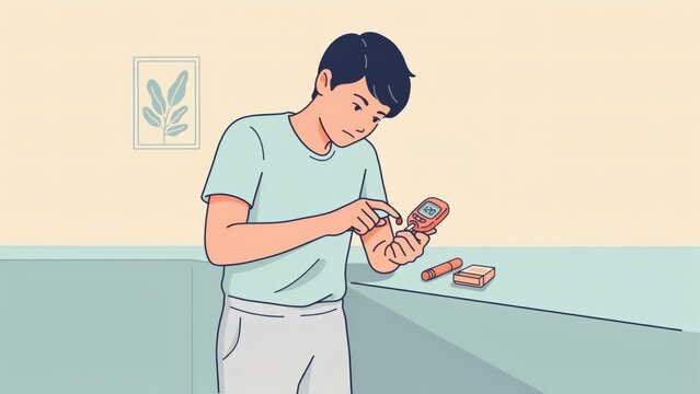 A young man checking his blood glucose level using a glucometer at home