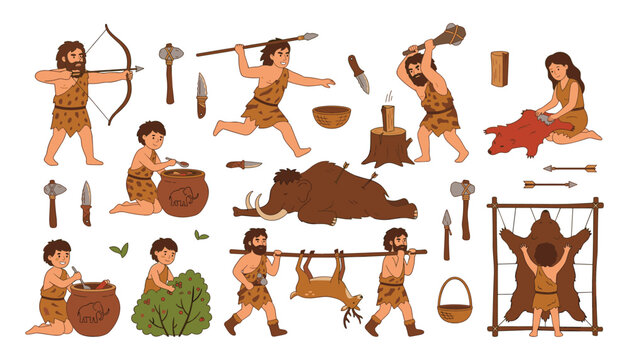 Stone Age Caveman Vector Character Set with Primitive Tools Mammoth Hunting Prehistoric Tribe Cooking and Animal Hide Tanning