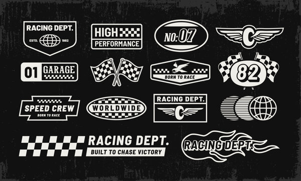 Vintage motorsport vector badge collection with racing department emblems, checkered flags, speed graphics, racing numbers, wings and retro typography for apparel, branding, stickers and prints.