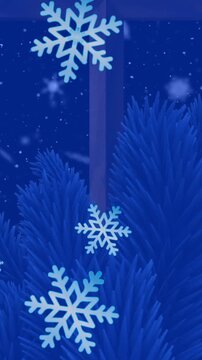 Animation of snow falling over christmas tree branches decoration and winter scenery