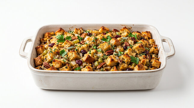 Savory stuffing casserole with pecans and herbs in a baking dish  