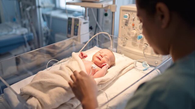 Nurse gently adjusts a blanket around a newborn baby resting in a hospital bassinet with medical monitoring equipment.