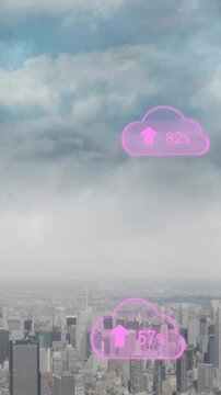 Animation of clouds and percent growing over cityscape