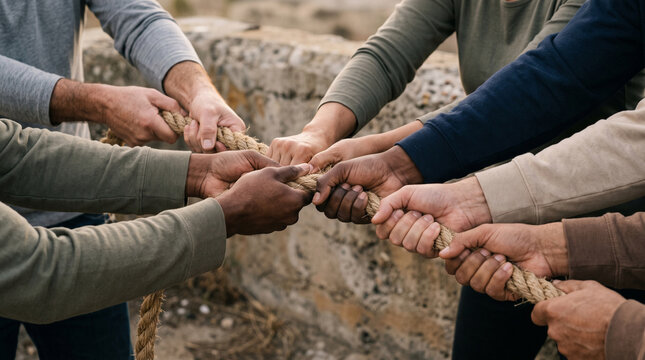 Several hands pulling a rope together in a symbolic test of strength, minimalist studio concept for teamwork, collaboration and unity