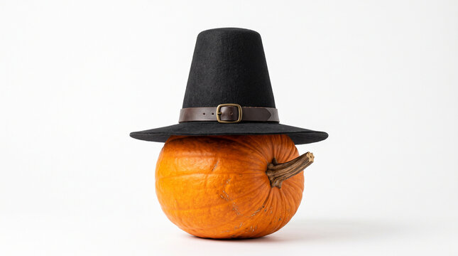 Pumpkin wearing a black pilgrim hat on a white background  