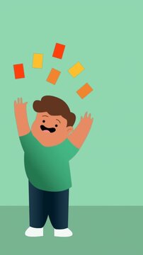 Animation of boy holding cards icon on green background
