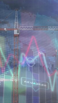 Animation of statistical and stock market data processing against construction site and cityscape