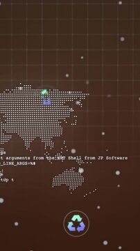 Animation of multiple digital icons and data processing against world map and spinning globe