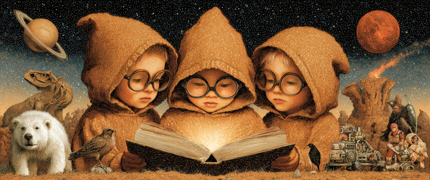 Dibujo infantil de ni&ntilde;os leyendo un cuento