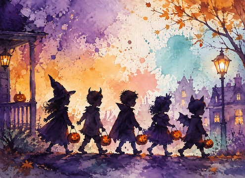 Kids trick-or-treating, watercolor Halloween illustration