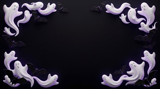 Spooky halloween frame background with cute cartoon ghosts floating in the corners on a dark purple background