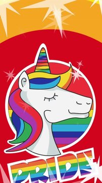 Animation of pride lgbtq text, unicorn and stars falling over rainbow background