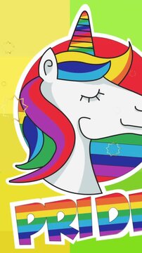 Animation of pride lgbtq text, unicorn and stars falling over rainbow background