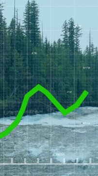 Animation of financial data processing over landscape with river