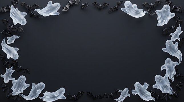 A decorative frame of hand drawn white ghost illustrations arranged on a dark black background with copy space