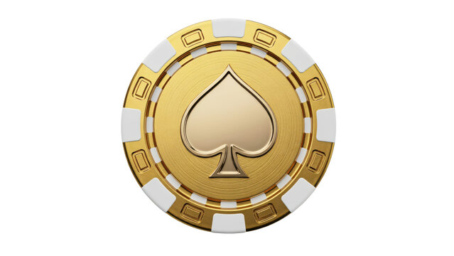 Single gold casino poker chip with a spade suit symbol in the center isolated on a transparent background