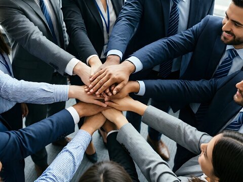 Group, business people and hands in stack for teamwork, collaboration or diversity in workplace community. Crowd, above or solidarity at company office for staff commitment, together for support