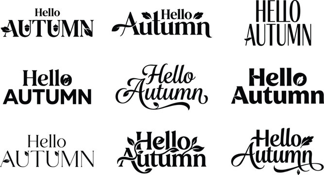 Decorative hello autumn typography collection with leaf and acorn elements for seasonal