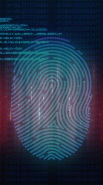 Animation of fingerprint and computer language over abstract pattern against black background