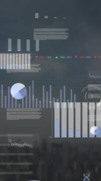 Animation of multiple graphs, loading circles, trading board over modern city against cloudy sky