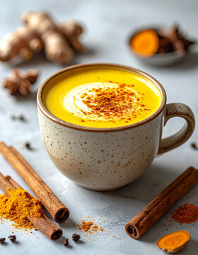 Golden turmeric latte in minimalist ceramic cup, creamy warm golden drink with delicate layer of milk foam, turmeric root, cinnamon sticks and spices, premium wellness beverage.