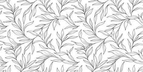 Delicate Leafy Branch Seamless Pattern Botanical Foliage Line Art Background Vector Floral Wallpaper © Habib